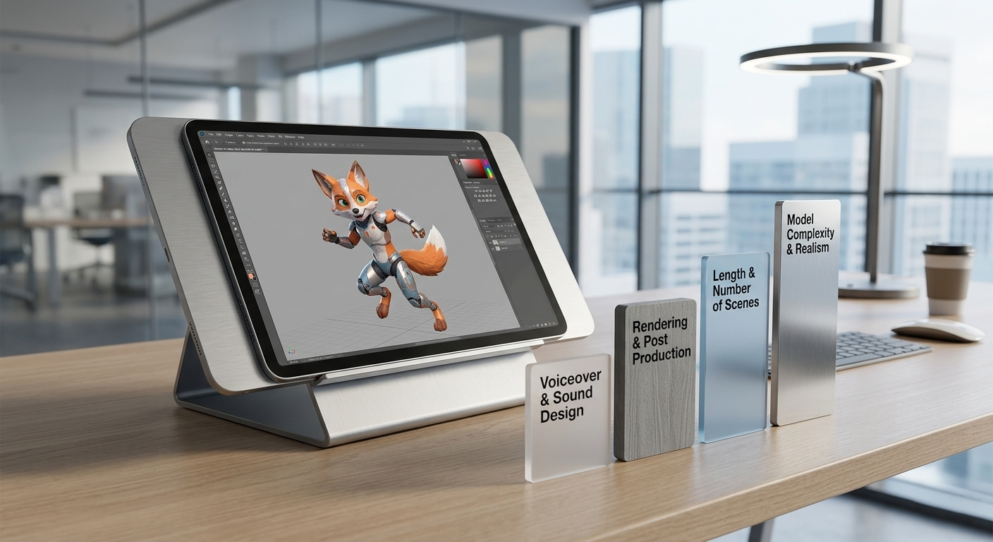 A photorealistic photograph captures a professional modern office desk with a large tablet displaying a partially rendered 3D cyborg fox character, next to four distinct, labeled cards of varying heights with typography clearly legible: "Model Complexity & Realism", "Length & Number of Scenes", "Rendering & Post Production", and "Voiceover & Sound Design", visualizing key cost factors and proportional cost weightage against a blurred cityscape.