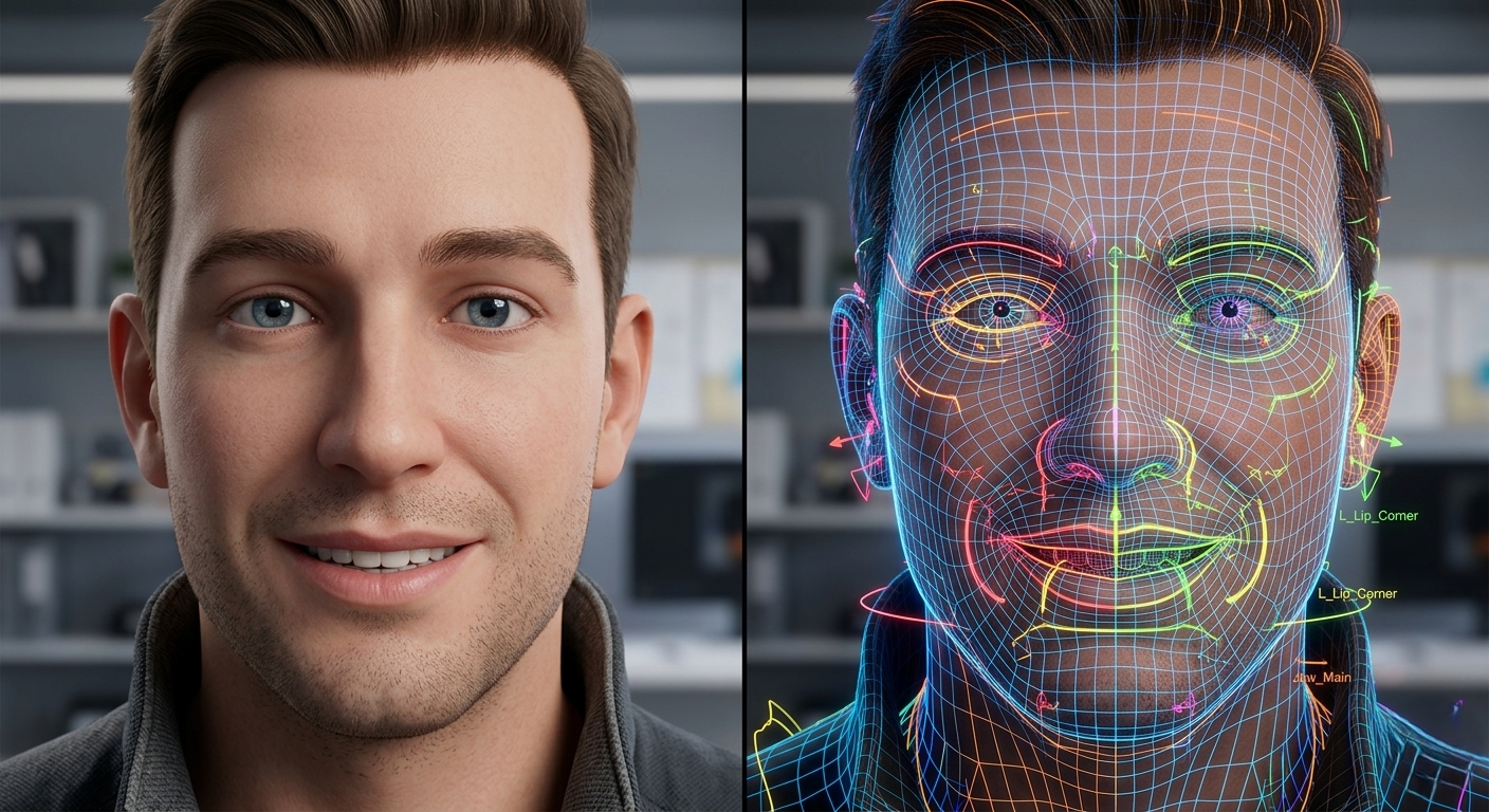 Close-up face split shot of a male 3D character, comparing a clean textured skin face with a dense glowing wireframe mesh and neon-colored animation control joints showing complex rigging details against a blurred studio background.