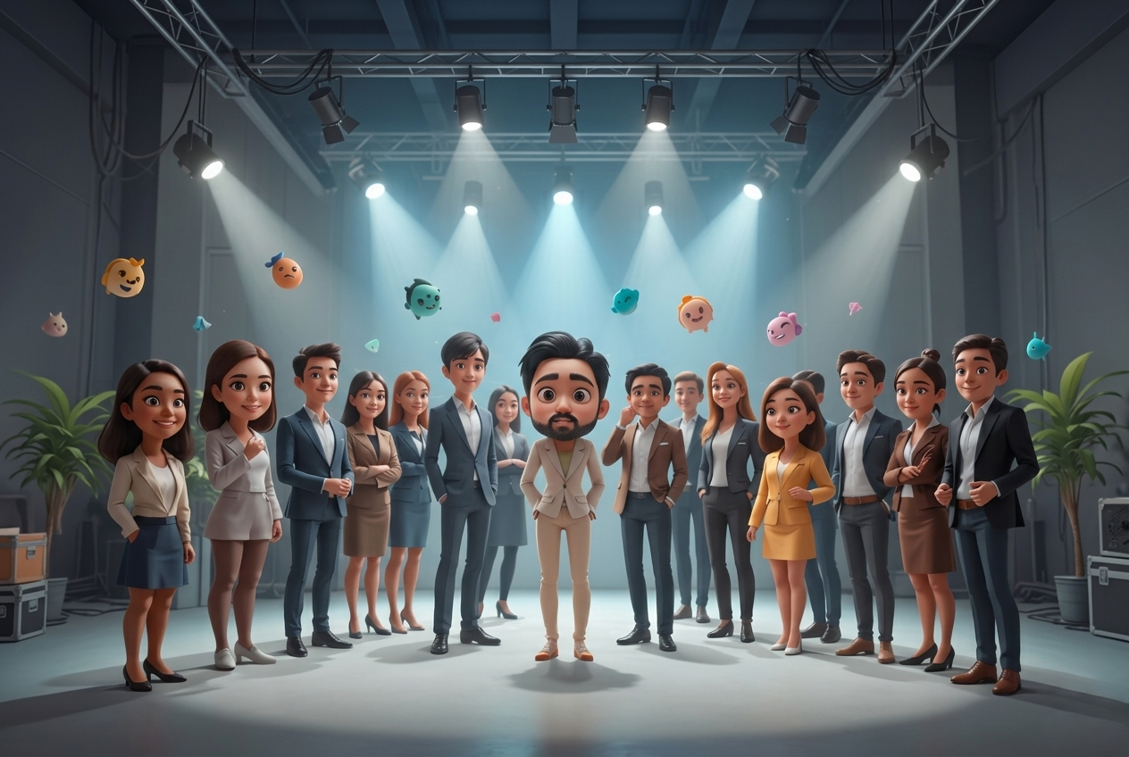 A 3D rendered photo of a corporate team as diverse stylized cartoon avatars with exaggerated heads and serious expressions, standing on a circular studio stage with focused spotlights. Floating whimsical creature heads with silly expressions orbit them above, blending a professional business setting with playful fantasy elements against a blurred warehouse background with office plants and production equipment.