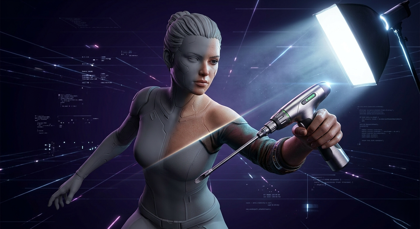 Split-view comparison image in a dark digital landscape, showing a partially grey, dull 3D character and surgical tool model transformed into textured, realistic skin, brushed metal, and high-quality finishes where a bright top-right studio light hits.