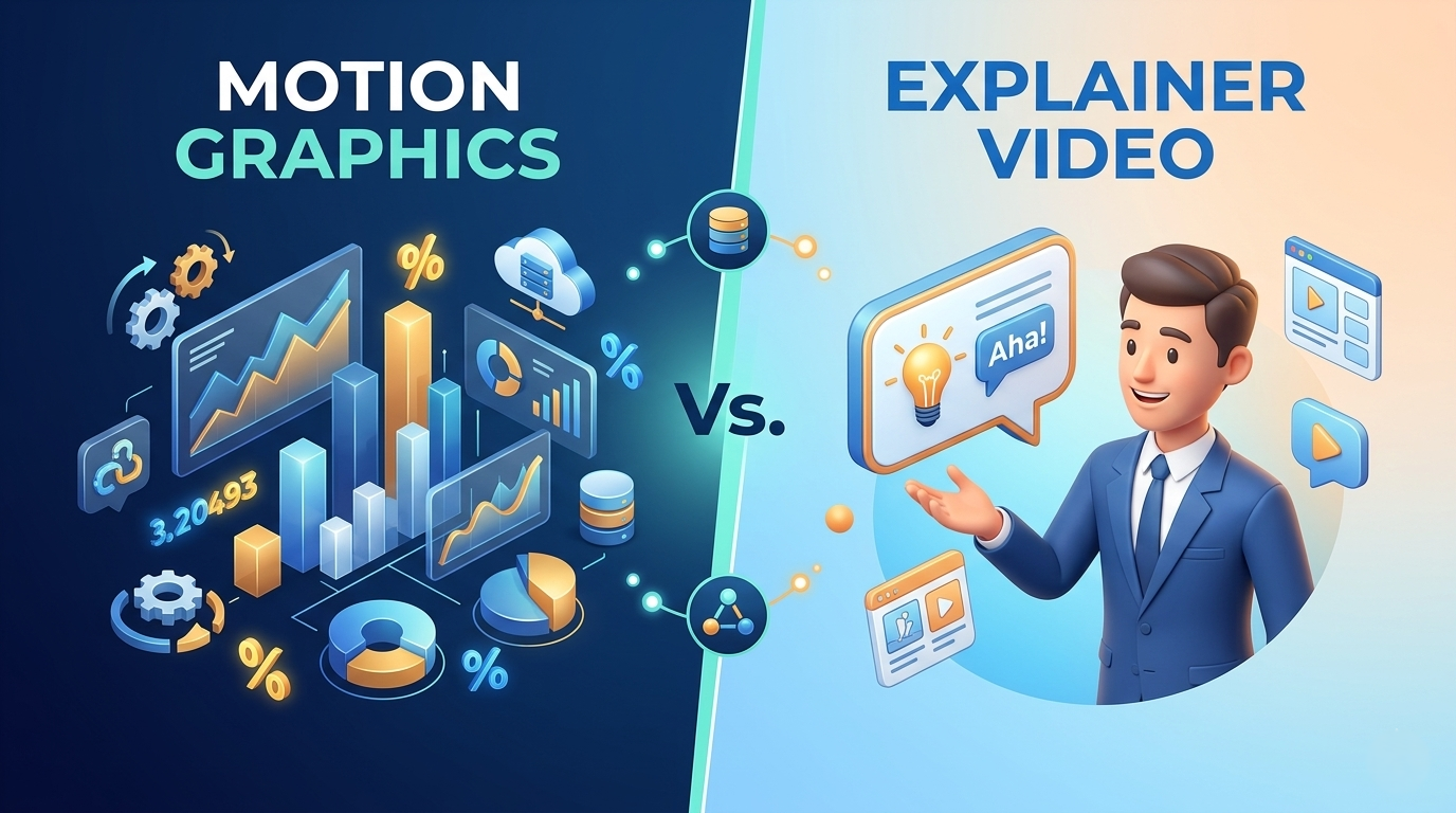 A side-by-side visual comparison showing motion graphics with data charts on the left and an animated character for an explainer video on the right.