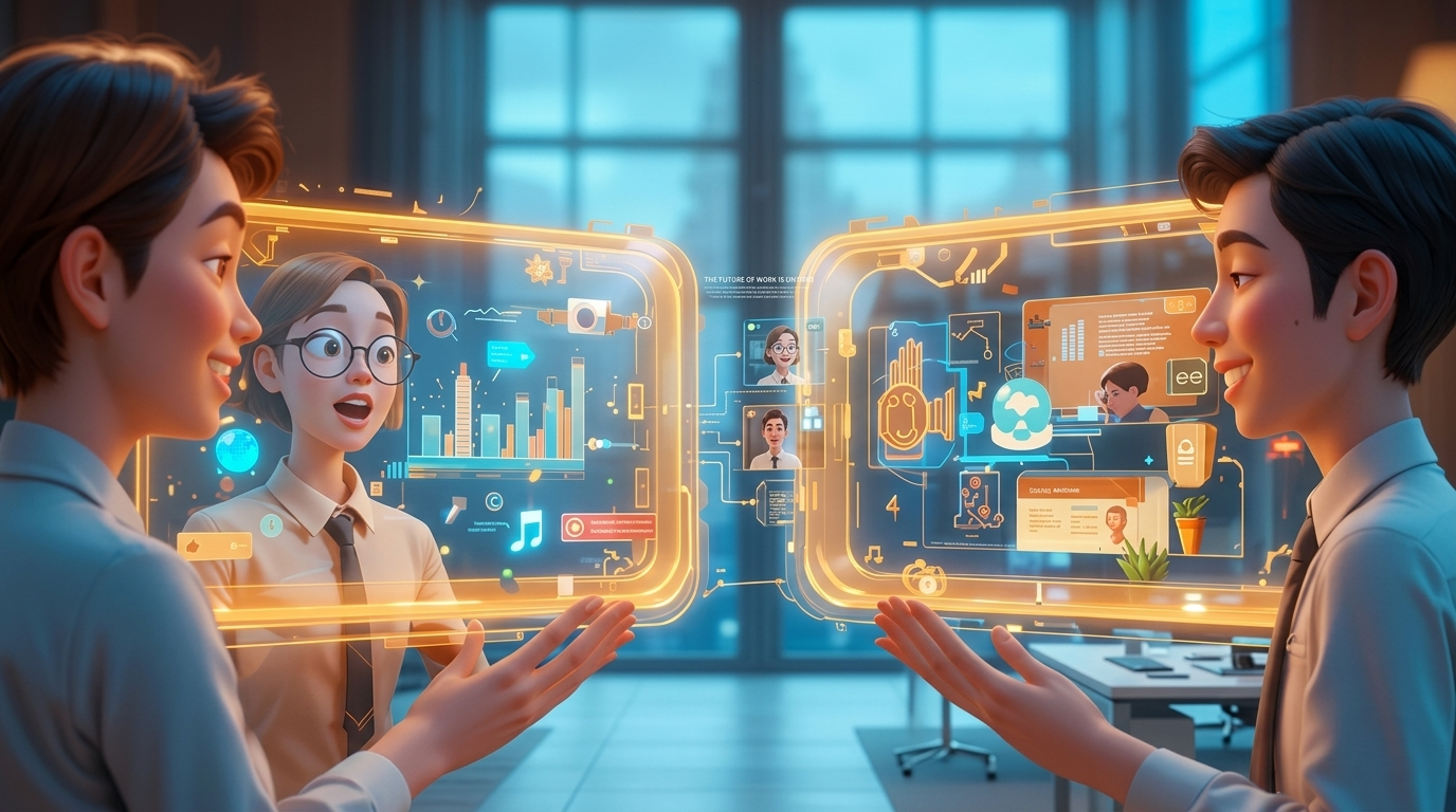 Comparison between motion graphics and explainer videos showing two people interacting with digital holographic screens containing data charts and icons.