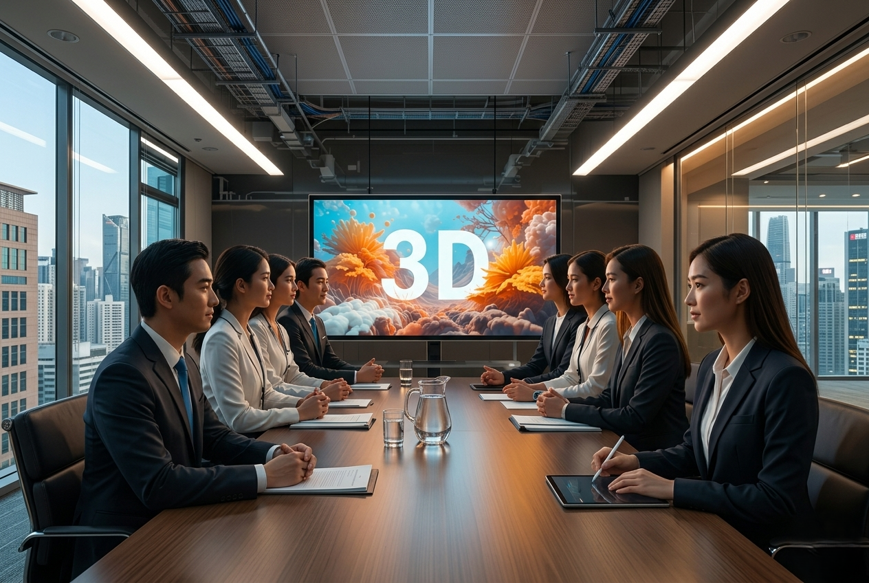 A group of business professionals in a modern conference room watching a 3D technology presentation on a large screen with a city skyline view