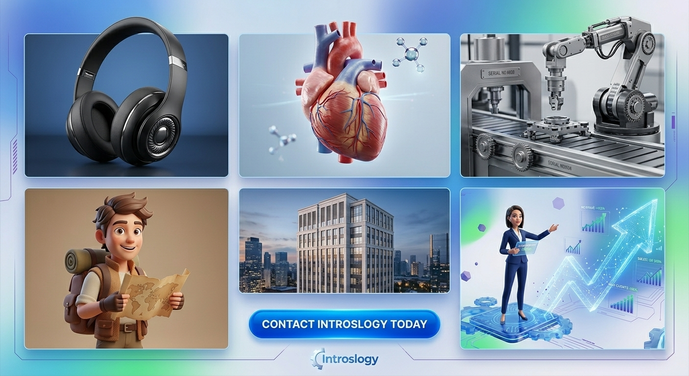 Diverse 3D explainer video portfolio showcasing expertise in medical, industrial, and consumer goods.
