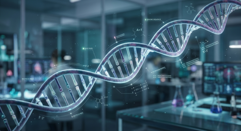 Premium 3D medical animation visual of a DNA double helix for biotech marketing.