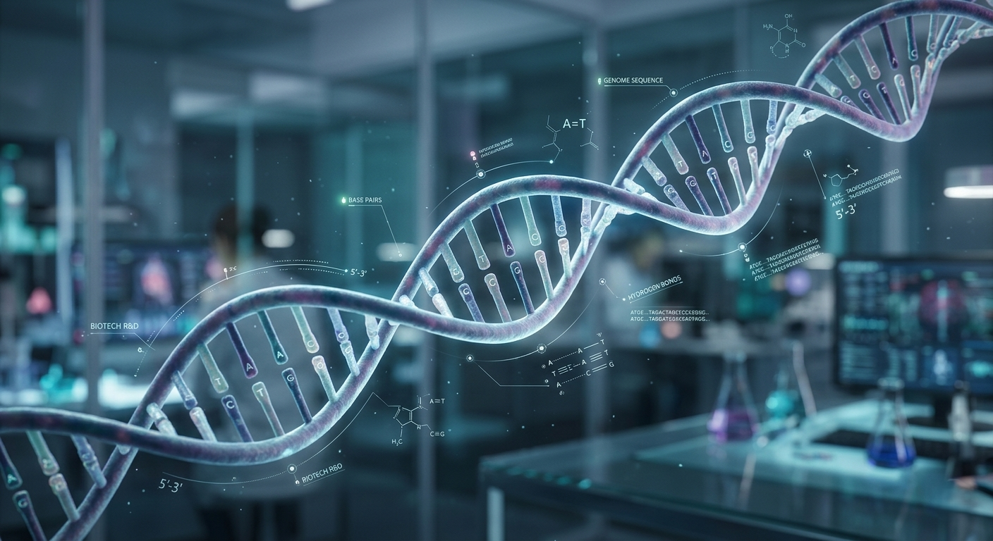 Premium 3D medical animation visual of a DNA double helix for biotech marketing.