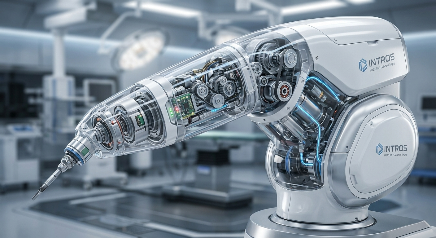 Detailed 3D medical device animation with a cut-away view showing robotic surgery mechanics.