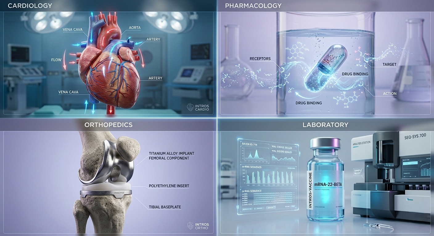 Introslogy 3D medical animation portfolio grid featuring cardiology, pharma, and orthopedics.