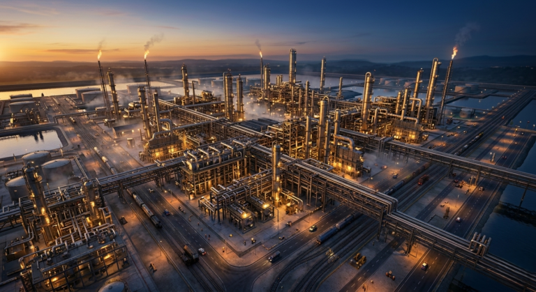 High-end 3D aerial render of a large-scale manufacturing plant visualization for industrial marketing.