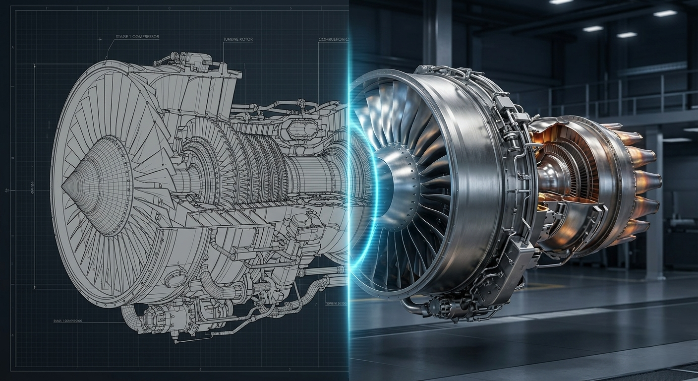 3D visualization showing transition from raw industrial CAD wireframe to photorealistic product render.