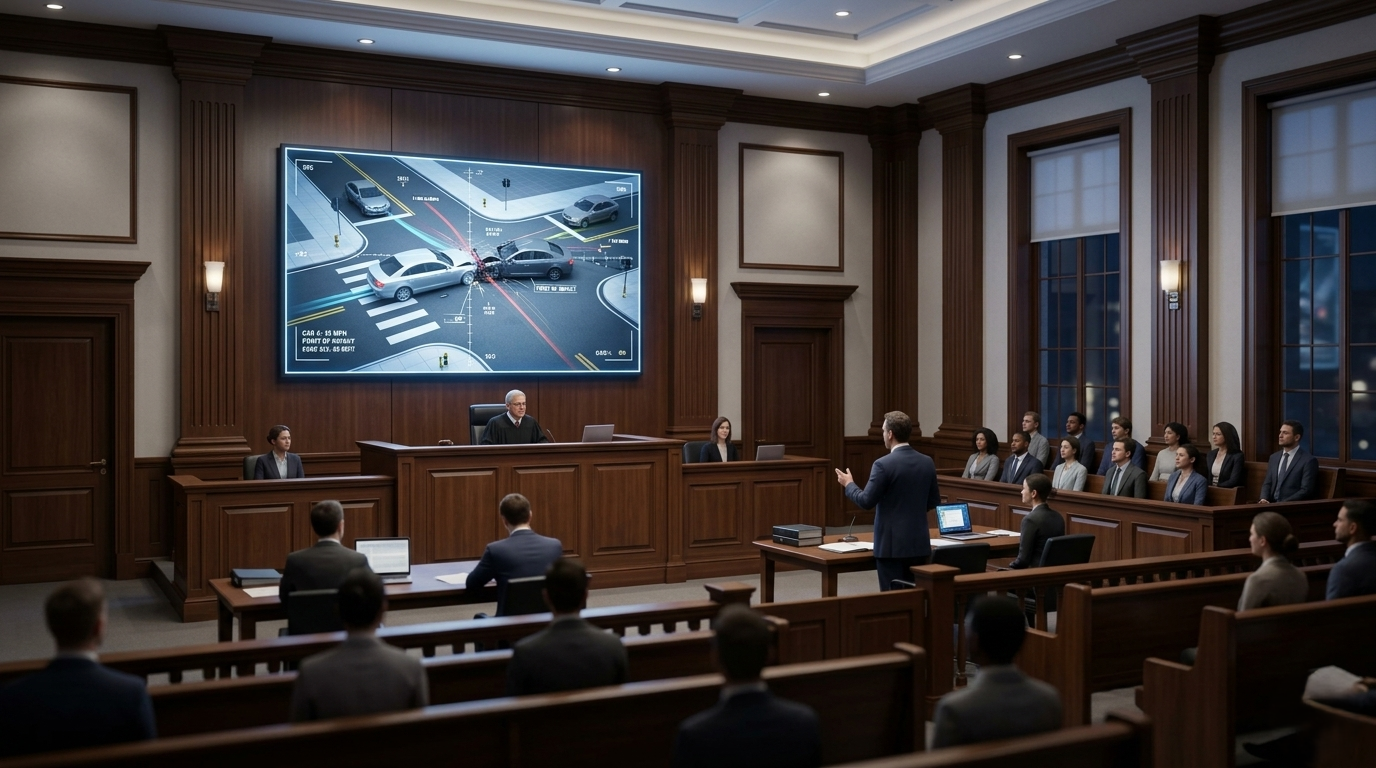 Professional 3D legal animation being presented on a courtroom screen for jury education.