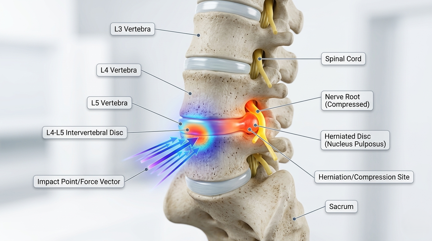 3D medical legal animation showing spinal injury mechanics for personal injury litigation.